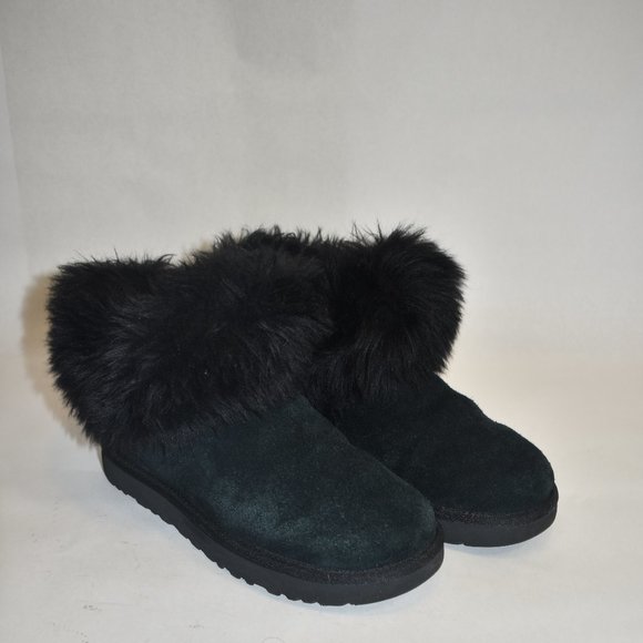 UGG Mini Fluff Collar Black Booties Sheepskin Suede US Size 6 1112491 - Picture 2 of 10